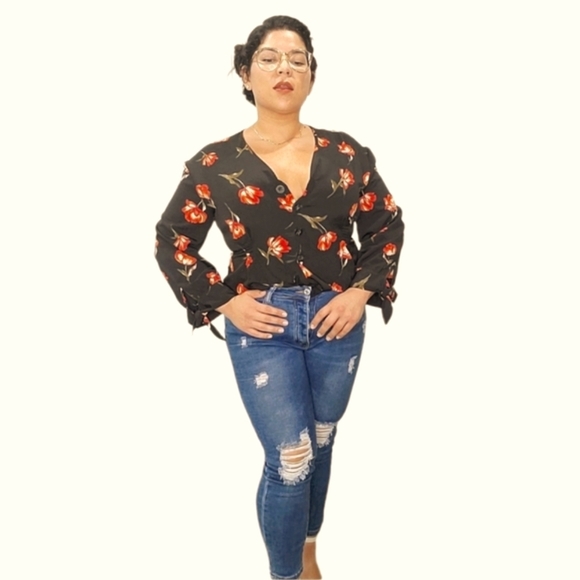 Sweet Rain Floral Black Orange Peplum Button up Top Sz XL - Picture 7 of 7